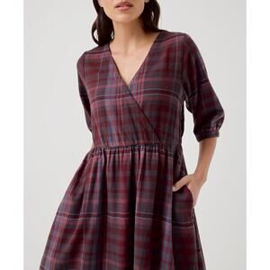 Pact fireside flannel crossover midi dress XL puff sleeve plum pockets cotton